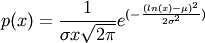 p(x) = \frac{1}{\sigma x \sqrt{2\pi}}
e^{(-\frac{(ln(x)-\mu)^2}{2\sigma^2})}