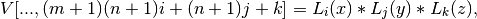 V[..., (m+1)(n+1)i + (n+1)j + k] = L_i(x)*L_j(y)*L_k(z),
