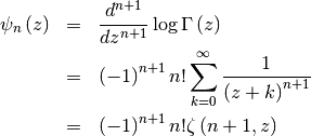 \begin{eqnarray*} \psi_{n}\left(z\right) & = & \frac{d^{n+1}}{dz^{n+1}}\log\Gamma\left(z\right)\\ & = & \left(-1\right)^{n+1}n!\sum_{k=0}^{\infty}\frac{1}{\left(z+k\right)^{n+1}}\\ & = & \left(-1\right)^{n+1}n!\zeta\left(n+1,z\right)\end{eqnarray*}