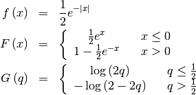 \begin{eqnarray*} f\left(x\right) & = & \frac{1}{2}e^{-\left|x\right|}\\ F\left(x\right) & = & \left\{ \begin{array}{ccc} \frac{1}{2}e^{x} & & x\leq0\\ 1-\frac{1}{2}e^{-x} & & x>0\end{array}\right.\\ G\left(q\right) & = & \left\{ \begin{array}{ccc} \log\left(2q\right) & & q\leq\frac{1}{2}\\ -\log\left(2-2q\right) & & q>\frac{1}{2}\end{array}\right.\end{eqnarray*}