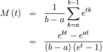 \begin{eqnarray*} M\left(t\right) & = & \frac{1}{b-a}\sum_{k=a}^{b-1}e^{tk}\\ & = & \frac{e^{bt}-e^{at}}{\left(b-a\right)\left(e^{t}-1\right)}\end{eqnarray*}