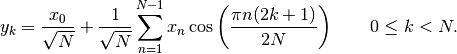 \[ y_k = {x_0\over\sqrt{N}} + {1\over\sqrt{N}} \sum_{n=1}^{N-1}
 x_n \cos\left({\pi n(2k+1) \over 2N}\right)
 \qquad 0 \le k < N.\]