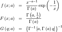\begin{eqnarray*} f\left(x;a\right) & = & \frac{x^{-a-1}}{\Gamma\left(a\right)}\exp\left(-\frac{1}{x}\right)\\ F\left(x;a\right) & = & \frac{\Gamma\left(a,\frac{1}{x}\right)}{\Gamma\left(a\right)}\\ G\left(q;a\right) & = & \left\{ \Gamma^{-1}\left[a,\Gamma\left(a\right)q\right]\right\} ^{-1}\end{eqnarray*}