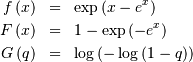 \begin{eqnarray*} f\left(x\right) & = & \exp\left(x-e^{x}\right)\\ F\left(x\right) & = & 1-\exp\left(-e^{x}\right)\\ G\left(q\right) & = & \log\left(-\log\left(1-q\right)\right)\end{eqnarray*}