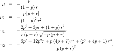 \begin{eqnarray*} \mu & = & -\frac{p}{\left(1-p\right)r}\\ \mu_{2} & = & -\frac{p\left[p+r\right]}{\left(1-p\right)^{2}r^{2}}\\ \gamma_{1} & = & -\frac{2p^{2}+3pr+\left(1+p\right)r^{2}}{r\left(p+r\right)\sqrt{-p\left(p+r\right)}}r\\ \gamma_{2} & = & -\frac{6p^{3}+12p^{2}r+p\left(4p+7\right)r^{2}+\left(p^{2}+4p+1\right)r^{3}}{p\left(p+r\right)^{2}}.\end{eqnarray*}
