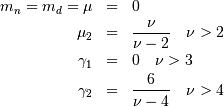 \begin{eqnarray*} m_{n}=m_{d}=\mu & = & 0\\ \mu_{2} & = & \frac{\nu}{\nu-2}\quad\nu>2\\ \gamma_{1} & = & 0\quad\nu>3\\ \gamma_{2} & = & \frac{6}{\nu-4}\quad\nu>4\end{eqnarray*}