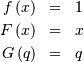 \begin{eqnarray*} f\left(x\right) & = & 1\\ F\left(x\right) & = & x\\ G\left(q\right) & = & q\end{eqnarray*}