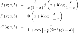 \begin{eqnarray*} f\left(x;a,b\right) & = & \frac{b}{x\left(1-x\right)}\phi\left(a+b\log\frac{x}{1-x}\right)\\ F\left(x;a,b\right) & = & \Phi\left(a+b\log\frac{x}{1-x}\right)\\ G\left(q;a,b\right) & = & \frac{1}{1+\exp\left[-\frac{1}{b}\left(\Phi^{-1}\left(q\right)-a\right)\right]}\end{eqnarray*}