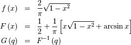 \begin{eqnarray*} f\left(x\right) & = & \frac{2}{\pi}\sqrt{1-x^{2}}\\ F\left(x\right) & = & \frac{1}{2}+\frac{1}{\pi}\left[x\sqrt{1-x^{2}}+\arcsin x\right]\\ G\left(q\right) & = & F^{-1}\left(q\right)\end{eqnarray*}