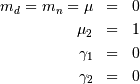 \begin{eqnarray*} m_{d}=m_{n}=\mu & = & 0\\ \mu_{2} & = & 1\\ \gamma_{1} & = & 0\\ \gamma_{2} & = & 0\end{eqnarray*}