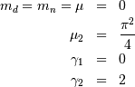 \begin{eqnarray*} m_{d}=m_{n}=\mu & = & 0\\ \mu_{2} & = & \frac{\pi^{2}}{4}\\ \gamma_{1} & = & 0\\ \gamma_{2} & = & 2\end{eqnarray*}