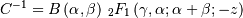 C^{-1}=B\left(\alpha,\beta\right)\,_{2}F_{1}\left(\gamma,\alpha;\alpha+\beta;-z\right)