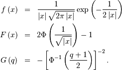 \begin{eqnarray*} f\left(x\right) & = & \frac{1}{\left|x\right|\sqrt{2\pi\left|x\right|}}\exp\left(-\frac{1}{2\left|x\right|}\right)\\ F\left(x\right) & = & 2\Phi\left(\frac{1}{\sqrt{\left|x\right|}}\right)-1\\ G\left(q\right) & = & -\left[\Phi^{-1}\left(\frac{q+1}{2}\right)\right]^{-2}.\end{eqnarray*}