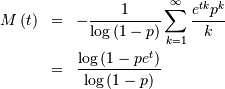 \begin{eqnarray*} M\left(t\right) & = & -\frac{1}{\log\left(1-p\right)}\sum_{k=1}^{\infty}\frac{e^{tk}p^{k}}{k}\\ & = & \frac{\log\left(1-pe^{t}\right)}{\log\left(1-p\right)}\end{eqnarray*}