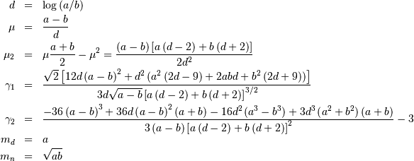 \begin{eqnarray*} d & = & \log\left(a/b\right)\\ \mu & = & \frac{a-b}{d}\\ \mu_{2} & = & \mu\frac{a+b}{2}-\mu^{2}=\frac{\left(a-b\right)\left[a\left(d-2\right)+b\left(d+2\right)\right]}{2d^{2}}\\ \gamma_{1} & = & \frac{\sqrt{2}\left[12d\left(a-b\right)^{2}+d^{2}\left(a^{2}\left(2d-9\right)+2abd+b^{2}\left(2d+9\right)\right)\right]}{3d\sqrt{a-b}\left[a\left(d-2\right)+b\left(d+2\right)\right]^{3/2}}\\ \gamma_{2} & = & \frac{-36\left(a-b\right)^{3}+36d\left(a-b\right)^{2}\left(a+b\right)-16d^{2}\left(a^{3}-b^{3}\right)+3d^{3}\left(a^{2}+b^{2}\right)\left(a+b\right)}{3\left(a-b\right)\left[a\left(d-2\right)+b\left(d+2\right)\right]^{2}}-3\\ m_{d} & = & a\\ m_{n} & = & \sqrt{ab}\end{eqnarray*}