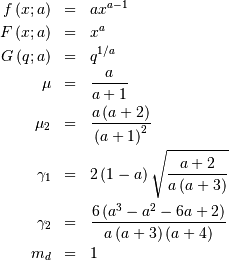 \begin{eqnarray*} f\left(x;a\right) & = & ax^{a-1}\\ F\left(x;a\right) & = & x^{a}\\ G\left(q;a\right) & = & q^{1/a}\\ \mu & = & \frac{a}{a+1}\\ \mu_{2} & = & \frac{a\left(a+2\right)}{\left(a+1\right)^{2}}\\ \gamma_{1} & = & 2\left(1-a\right)\sqrt{\frac{a+2}{a\left(a+3\right)}}\\ \gamma_{2} & = & \frac{6\left(a^{3}-a^{2}-6a+2\right)}{a\left(a+3\right)\left(a+4\right)}\\ m_{d} & = & 1\end{eqnarray*}