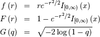 \begin{eqnarray*} f\left(r\right) & = & re^{-r^{2}/2}I_{[0,\infty)}\left(x\right)\\ F\left(r\right) & = & 1-e^{-r^{2}/2}I_{[0,\infty)}\left(x\right)\\ G\left(q\right) & = & \sqrt{-2\log\left(1-q\right)}\end{eqnarray*}
