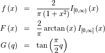 \begin{eqnarray*} f\left(x\right) & = & \frac{2}{\pi\left(1+x^{2}\right)}I_{[0,\infty)}\left(x\right)\\ F\left(x\right) & = & \frac{2}{\pi}\arctan\left(x\right)I_{\left[0,\infty\right]}\left(x\right)\\ G\left(q\right) & = & \tan\left(\frac{\pi}{2}q\right)\end{eqnarray*}