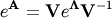 \[ e^{\mathbf{A}}=\mathbf{V}e^{\boldsymbol{\Lambda}}\mathbf{V}^{-1}\]
