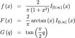 \begin{eqnarray*} f\left(x\right) & = & \frac{2}{\pi\left(1+x^{2}\right)}I_{[0,\infty)}\left(x\right)\\ F\left(x\right) & = & \frac{2}{\pi}\arctan\left(x\right)I_{\left[0,\infty\right]}\left(x\right)\\ G\left(q\right) & = & \tan\left(\frac{\pi}{2}q\right)\end{eqnarray*}