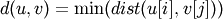 d(u,v) = \min(dist(u[i],v[j]))