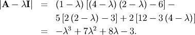 \begin{eqnarray*} \left|\mathbf{A}-\lambda\mathbf{I}\right| & = & \left(1-\lambda\right)\left[\left(4-\lambda\right)\left(2-\lambda\right)-6\right]-\\  &  & 5\left[2\left(2-\lambda\right)-3\right]+2\left[12-3\left(4-\lambda\right)\right]\\  & = & -\lambda^{3}+7\lambda^{2}+8\lambda-3.\end{eqnarray*}
