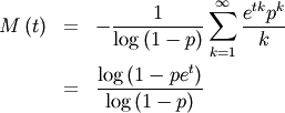 \begin{eqnarray*} M\left(t\right) & = & -\frac{1}{\log\left(1-p\right)}\sum_{k=1}^{\infty}\frac{e^{tk}p^{k}}{k}\\ & = & \frac{\log\left(1-pe^{t}\right)}{\log\left(1-p\right)}\end{eqnarray*}