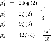 \begin{eqnarray*} \mu_{1}^{\prime} & = & 2\log\left(2\right)\\ \mu_{2}^{\prime} & = & 2\zeta\left(2\right)=\frac{\pi^{2}}{3}\\ \mu_{3}^{\prime} & = & 9\zeta\left(3\right)\\ \mu_{4}^{\prime} & = & 42\zeta\left(4\right)=\frac{7\pi^{4}}{15}\end{eqnarray*}