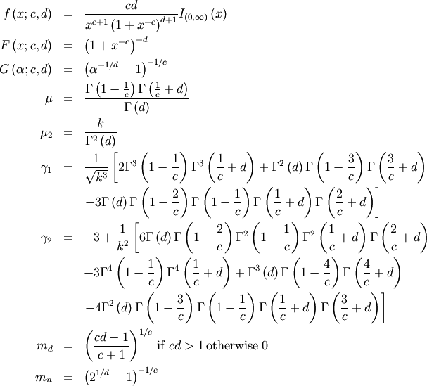 \begin{eqnarray*} f\left(x;c,d\right) & = & \frac{cd}{x^{c+1}\left(1+x^{-c}\right)^{d+1}}I_{\left(0,\infty\right)}\left(x\right)\\ F\left(x;c,d\right) & = & \left(1+x^{-c}\right)^{-d}\\ G\left(\alpha;c,d\right) & = & \left(\alpha^{-1/d}-1\right)^{-1/c}\\ \mu & = & \frac{\Gamma\left(1-\frac{1}{c}\right)\Gamma\left(\frac{1}{c}+d\right)}{\Gamma\left(d\right)}\\ \mu_{2} & = & \frac{k}{\Gamma^{2}\left(d\right)}\\ \gamma_{1} & = & \frac{1}{\sqrt{k^{3}}}\left[2\Gamma^{3}\left(1-\frac{1}{c}\right)\Gamma^{3}\left(\frac{1}{c}+d\right)+\Gamma^{2}\left(d\right)\Gamma\left(1-\frac{3}{c}\right)\Gamma\left(\frac{3}{c}+d\right)\right.\\  &  & \left.-3\Gamma\left(d\right)\Gamma\left(1-\frac{2}{c}\right)\Gamma\left(1-\frac{1}{c}\right)\Gamma\left(\frac{1}{c}+d\right)\Gamma\left(\frac{2}{c}+d\right)\right]\\ \gamma_{2} & = & -3+\frac{1}{k^{2}}\left[6\Gamma\left(d\right)\Gamma\left(1-\frac{2}{c}\right)\Gamma^{2}\left(1-\frac{1}{c}\right)\Gamma^{2}\left(\frac{1}{c}+d\right)\Gamma\left(\frac{2}{c}+d\right)\right.\\  &  & -3\Gamma^{4}\left(1-\frac{1}{c}\right)\Gamma^{4}\left(\frac{1}{c}+d\right)+\Gamma^{3}\left(d\right)\Gamma\left(1-\frac{4}{c}\right)\Gamma\left(\frac{4}{c}+d\right)\\  &  & \left.-4\Gamma^{2}\left(d\right)\Gamma\left(1-\frac{3}{c}\right)\Gamma\left(1-\frac{1}{c}\right)\Gamma\left(\frac{1}{c}+d\right)\Gamma\left(\frac{3}{c}+d\right)\right]\\ m_{d} & = & \left(\frac{cd-1}{c+1}\right)^{1/c}\,\textrm{if }cd>1\,\textrm{otherwise }0\\ m_{n} & = & \left(2^{1/d}-1\right)^{-1/c}\end{eqnarray*}