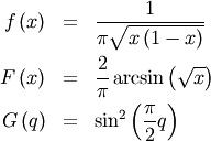 \begin{eqnarray*} f\left(x\right) & = & \frac{1}{\pi\sqrt{x\left(1-x\right)}}\\ F\left(x\right) & = & \frac{2}{\pi}\arcsin\left(\sqrt{x}\right)\\ G\left(q\right) & = & \sin^{2}\left(\frac{\pi}{2}q\right)\end{eqnarray*}