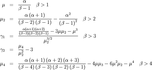 \begin{eqnarray*} \mu & = & \frac{\alpha}{\beta-1}\quad\beta>1\\ \mu_{2} & = & \frac{\alpha\left(\alpha+1\right)}{\left(\beta-2\right)\left(\beta-1\right)}-\frac{\alpha^{2}}{\left(\beta-1\right)^{2}}\quad\beta>2\\ \gamma_{1} & = & \frac{\frac{\alpha\left(\alpha+1\right)\left(\alpha+2\right)}{\left(\beta-3\right)\left(\beta-2\right)\left(\beta-1\right)}-3\mu\mu_{2}-\mu^{3}}{\mu_{2}^{3/2}}\quad\beta>3\\ \gamma_{2} & = & \frac{\mu_{4}}{\mu_{2}^{2}}-3\\ \mu_{4} & = & \frac{\alpha\left(\alpha+1\right)\left(\alpha+2\right)\left(\alpha+3\right)}{\left(\beta-4\right)\left(\beta-3\right)\left(\beta-2\right)\left(\beta-1\right)}-4\mu\mu_{3}-6\mu^{2}\mu_{2}-\mu^{4}\quad\beta>4\end{eqnarray*}