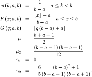 \begin{eqnarray*} p\left(k;a,b\right) & = & \frac{1}{b-a}\quad a\leq k<b\\ F\left(x;a,b\right) & = & \frac{\left\lfloor x\right\rfloor -a}{b-a}\quad a\leq x\leq b\\ G\left(q;a,b\right) & = & \left\lceil q\left(b-a\right)+a\right\rceil \\ \mu & = & \frac{b+a-1}{2}\\ \mu_{2} & = & \frac{\left(b-a-1\right)\left(b-a+1\right)}{12}\\ \gamma_{1} & = & 0\\ \gamma_{2} & = & -\frac{6}{5}\frac{\left(b-a\right)^{2}+1}{\left(b-a-1\right)\left(b-a+1\right)}.\end{eqnarray*}