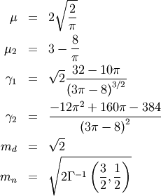 \begin{eqnarray*} \mu & = & 2\sqrt{\frac{2}{\pi}}\\ \mu_{2} & = & 3-\frac{8}{\pi}\\ \gamma_{1} & = & \sqrt{2}\frac{32-10\pi}{\left(3\pi-8\right)^{3/2}}\\ \gamma_{2} & = & \frac{-12\pi^{2}+160\pi-384}{\left(3\pi-8\right)^{2}}\\ m_{d} & = & \sqrt{2}\\ m_{n} & = & \sqrt{2\Gamma^{-1}\left(\frac{3}{2},\frac{1}{2}\right)}\end{eqnarray*}