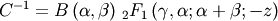 \[ C^{-1}=B\left(\alpha,\beta\right)\,_{2}F_{1}\left(\gamma,\alpha;\alpha+\beta;-z\right)\]