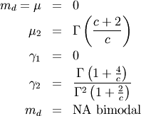 \begin{eqnarray*} m_{d}=\mu & = & 0\\ \mu_{2} & = & \Gamma\left(\frac{c+2}{c}\right)\\ \gamma_{1} & = & 0\\ \gamma_{2} & = & \frac{\Gamma\left(1+\frac{4}{c}\right)}{\Gamma^{2}\left(1+\frac{2}{c}\right)}\\ m_{d} & = & \textrm{NA bimodal}\end{eqnarray*}