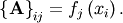 \[ \left\{ \mathbf{A}\right\} _{ij}=f_{j}\left(x_{i}\right).\]