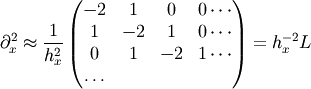 \partial_x^2 \approx \frac{1}{h_x^2} \begin{pmatrix}
-2 & 1 & 0 & 0 \cdots \\
1 & -2 & 1 & 0 \cdots \\
0 & 1 & -2 & 1 \cdots \\
\ldots
\end{pmatrix}
= h_x^{-2} L
