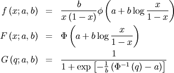 \begin{eqnarray*} f\left(x;a,b\right) & = & \frac{b}{x\left(1-x\right)}\phi\left(a+b\log\frac{x}{1-x}\right)\\ F\left(x;a,b\right) & = & \Phi\left(a+b\log\frac{x}{1-x}\right)\\ G\left(q;a,b\right) & = & \frac{1}{1+\exp\left[-\frac{1}{b}\left(\Phi^{-1}\left(q\right)-a\right)\right]}\end{eqnarray*}
